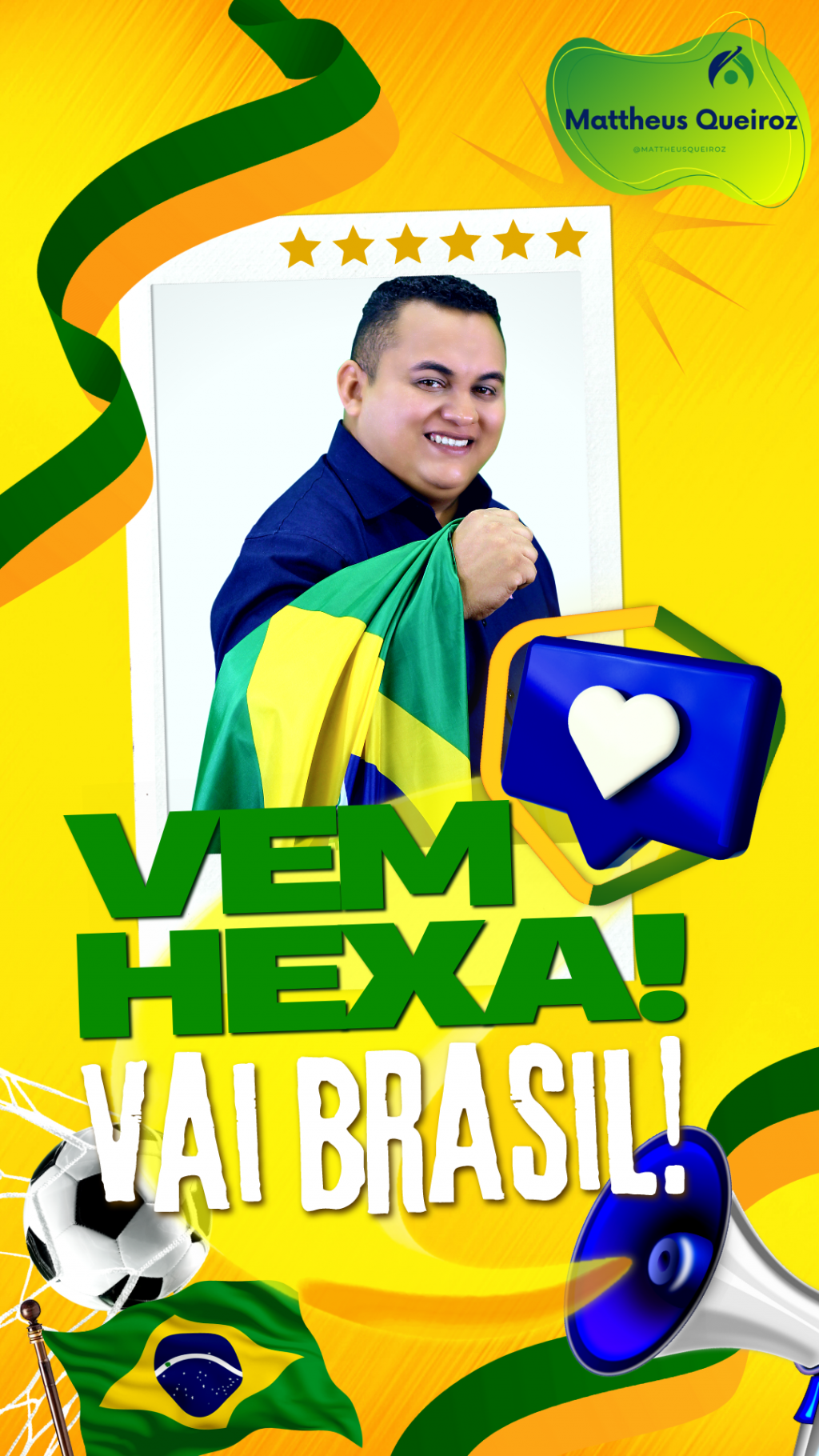 Torcedor Vem Hexa Vai Brasil Amarelo